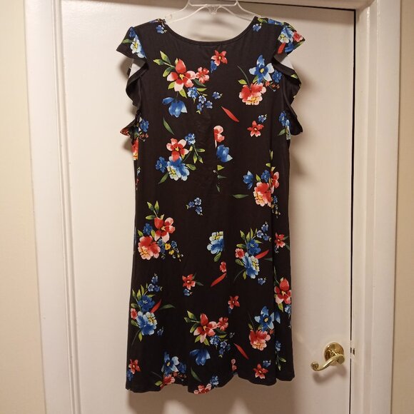 Black Floral Stretchy Dress Flutter Cap Sleeve sz XL NEW - Picture 3 of 5